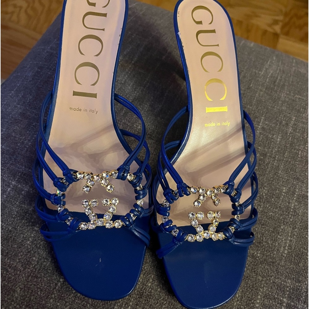 Blue Gucci rhinestone slides